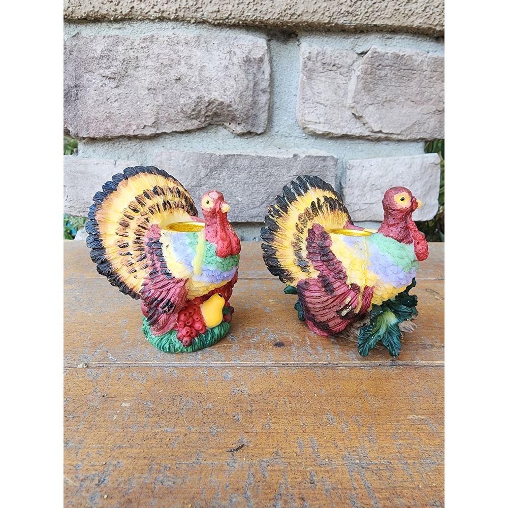 Vintage Turkey Candle Holders Pair Thanksgiving Colorful Fall Decor - Picture 2 of 7